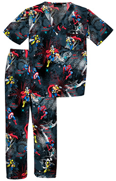 This kids' scrub set has a v-neck dolman-sleeve top with chest pocket and 